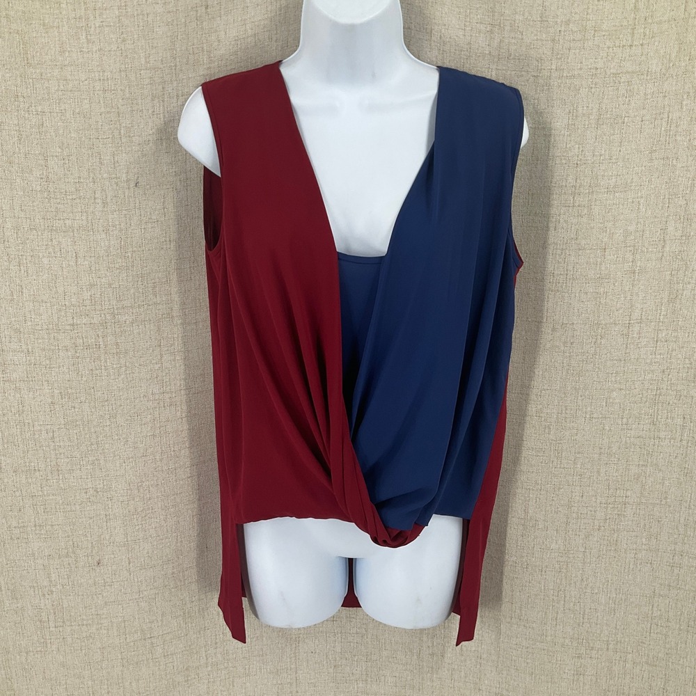 BCBGMAXAZRIA Draped Top Women Small Burgundy Navy Colorblock Twisted High-Low